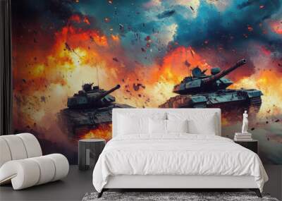 Two tanks are in a battle, one is on the left and the other is on the right Wall mural