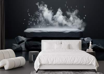 Water droplets bouncing on hot stone surface, steam rising Wall mural