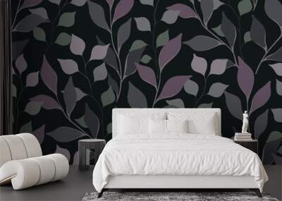 Botanical floral pattern with leaves in dark colors. Elegant print with mystical botany, forest herbs, large hand drawn foliage on a black background. Surface graphic design, vector illustration. Wall mural