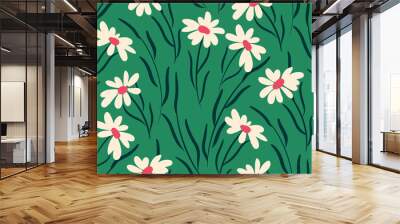 Seamless pattern with daisies on a green field. Cute floral print, modern botanical background design with hand drawn plants, flowers, leaves. Vector illustration. Wall mural