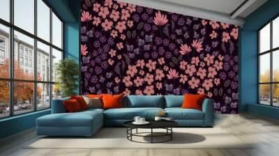 Simple seamless pattern. Free composition of their small flowers and various leaves. Pastel colors, shades of purple and pink. Dark background. Wall mural