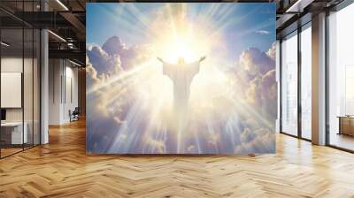 Jesus in robe stands with hands wide raised to heaven calling on people to stop committing sins. Jesus Christ in heaven calls people to pray and do good deeds. Annunciation of Jesus Christ in heaven Wall mural