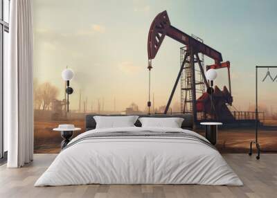 Silhouette of oil pumps. Landscape like Texas with glowing sky during sunset and some clouds. Oil and gas industry, drilling and oil production. Wall mural