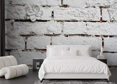 White brick wall with gypsum flower as background or texture Wall mural