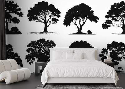 Set of black and white tree silhouettes. Tree elements to create a garden or forest Wall mural