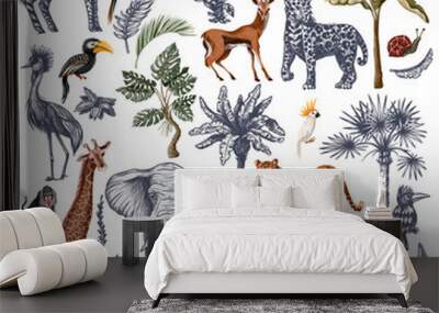 Big set with jungle animals in graphic style isolated. Vector. Wall mural