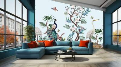 Border in chinoiserie style with herons, peacock and peonies. Vector. Wall mural