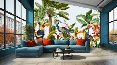 Border with birds and tropical leaves and flowers for interior. Vector. Wall mural