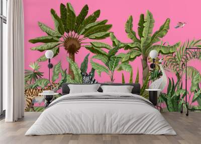 Border with jungle trees and wild birds and animals. Vector. Wall mural