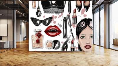 Fashion stickers  girl model, crop top, lips, shoes, lipstick, sunglasses, brush and other. Makeup patches vector illustration. Wall mural