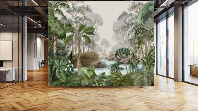 Jungle landscape with trees and plants. Vector interior print Wall mural