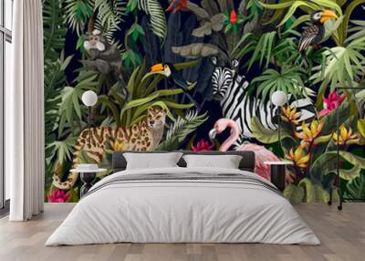 Jungle landscape with wild animals. Vector. Wall mural