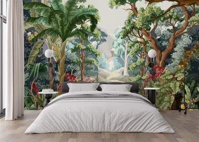 Jungle wallpaper with trees and tropical plant. Vector. Wall mural