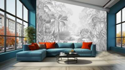 Monochrome jungle landscape. Vector interior print. Wall mural