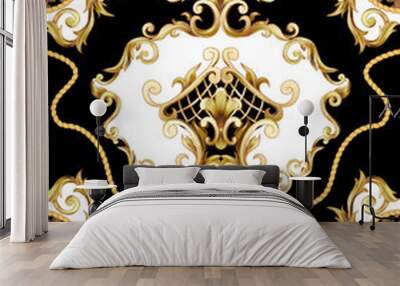 Seamless border with leopard skin and golden baroque elements. Vector. Wall mural