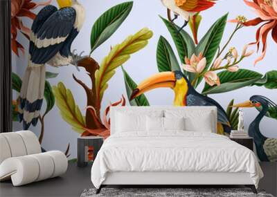 Seamless pattern with birds and tropical leaves and flowers. Vector. Wall mural