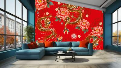 Seamless pattern with Chinese traditional dragon, peonies and sakura. vector. Wall mural