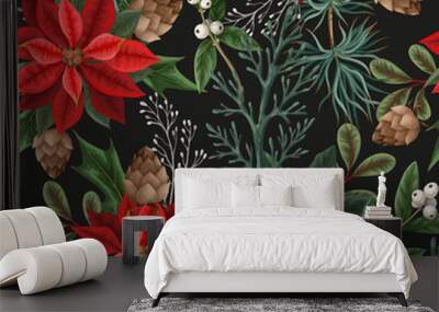 Seamless pattern with poinsettia, pines and hollyberries. Christmas background Wall mural