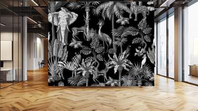 Seamless pattern with tropical trees and animals in graphic style black and white. Vector. Wall mural