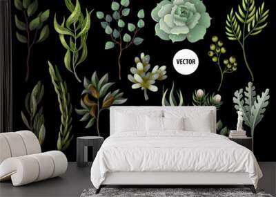 Set of greenery leaves herb and succulent in watercolor style. Eucalyptus, magnolia, fern and other  vector illustration. Wall mural