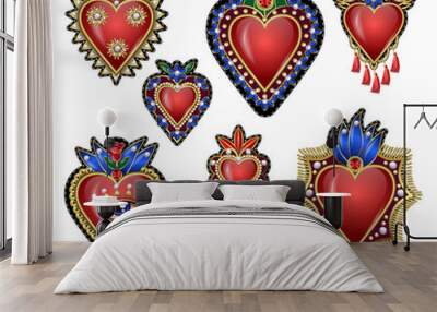 Traditional Mexican hearts with fire and flowers, embroidered sequins, beads and pearls. Vector patches. Wall mural