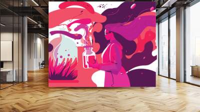 conceptual illustration of a woman using test tubes and flasks with fluorescent chemical liquids Wall mural