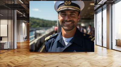 portrait of smiling ship captain wearing sailor cap on a sunny day Wall mural