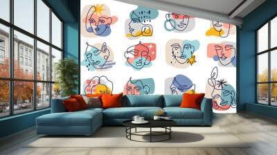 Abstract contour female faces. Modern one line women portraits sketches collection, contemporary collage background colorful spots, trendy doodle minimalist faces. Vector isolated set Wall mural