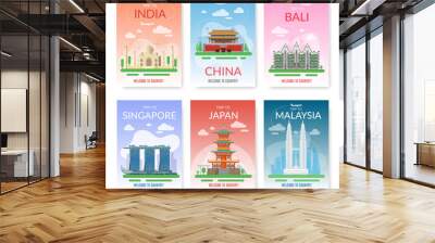 Asia travel. Exotic tour beautiful landmarks, historical city buildings. Tourist excursion postcards, discover southeast journey countries, east architecture posters. Vector card set Wall mural