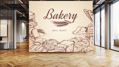 Bakery background. Hand drawn cooking bread bakery bagel breads pastry bake baking culinary vector menu design Wall mural