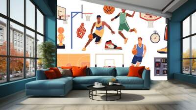 Basketball elements. Cartoon sport objects and group of players in uniforms and sneakers, playing field, ball, basket and electronic scoreboard, professional championship, tidy vector set Wall mural