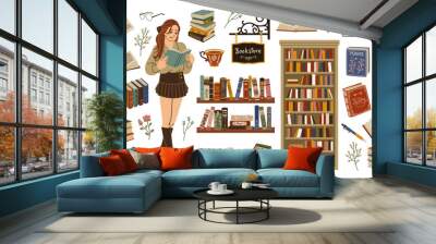 Book store elements. Cute bibliophile girl with book in hands, student reads, brain workout, literary works, stack of vintage textbook, bookshelf and cabinet, tidy vector cartoon set Wall mural