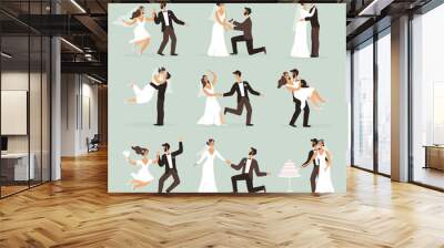 Bride and groom. Wedding couple in various poses jump, dance and kiss, hug and cut cake. Marriage ceremony scenes, man and woman in love vector flat cartoon trendy characters set Wall mural