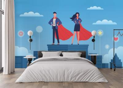 Business heroes. Woman and man with red capes on skyscraper roof, city background with different symbol tags, brave strong leader people. Professional team flat vector cartoon concept Wall mural