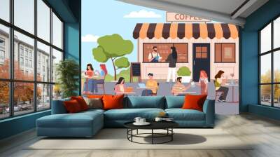 Cafe outdoor visitors. People in summer restaurant, customers sitting at tables, street food, open coffee house with barista. Men and women eating, vector cartoon flat isolated concept Wall mural