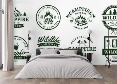 Campfire black emblems. Adventure design labels, burning firewood and woodpiles, axes and bonfires, hiking elements for prints, outdoor activities sticker. Traveling in forest tidy vector set Wall mural