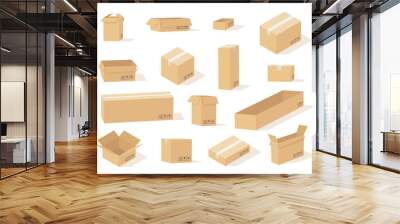 Cardboard box. Boxes open and closed different size, front view and various angles carton packaging, delivery cargo vector set Wall mural