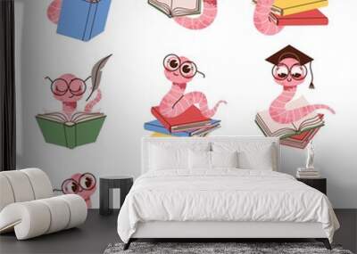 Cartoon book worm. Cute kids intelligent worm mascot in glasses, reading books, funny student animal character, cute colorful earthworm smart insect, education and knowledge symbol vector set Wall mural