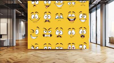 Cartoon faces. Funny face expressions, caricature emotions. Cute character with different expressive eyes and mouth, vector collection Wall mural