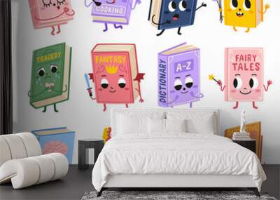 Cartoon funny books characters. Cute kids mascots with different emotions, various genres literary volumes, smiling faces. Poetry and fairy tales. Detective and romance. Tidy vector set Wall mural