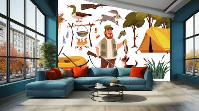 Cartoon hunter character with equipment. Funny man with a hunting dog holds trophy and gun, tent, deer and inflatable boat, outdoor hobby people on camping tidy png isolated set Wall mural