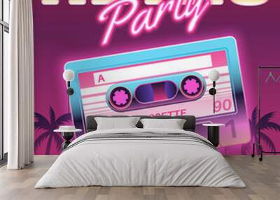 Cassettes poster. Retro disco party 80s, 90s banner, vintage audio cassette club flyer, festival invitation cover. Vector background Wall mural