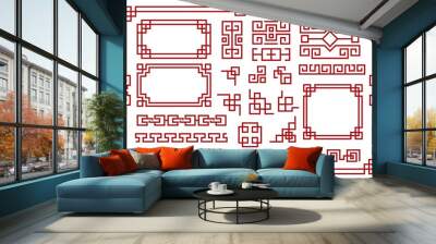 Chinese frames. Asian new year decorative square borders, red traditional oriental graphic patterns vintage art vector set Wall mural