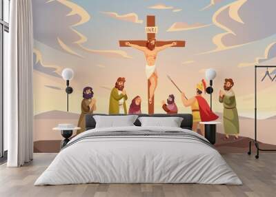 Christ crucifixion. Dying Jesus on Cross dramatic bible scene, sunset backdrop in golgotha, mount Calvary, sacred sacrifice virgin Mary and apostles. Christian and catholic icon vector concept Wall mural