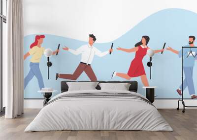 Concept of teamwork, people passing baton to each other. Organization and collaboration office team. Men and women running. Sport challenge. Partnership cartoon flat vector illustration Wall mural