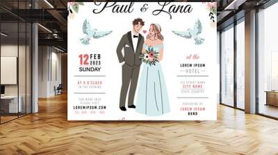 Cute bride and groom. Invitation wedding ceremony poster design, couple in love, newlyweds romantic party, official event, card template, tidy vector cartoon flat style isolated concept Wall mural