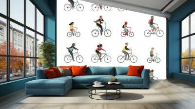 Cyclists set. Happy people riding bicycle family ride tandem bikes children woman men sports gear outdoor activity Wall mural