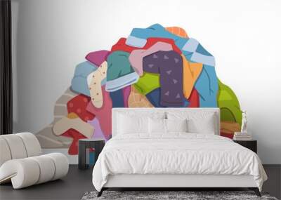 Dirty clothes pile. Messy laundry heap with stains, different soiled smelly apparel, soiled fabric old shorts, t-shirts and socks. Laundry vector concept Wall mural