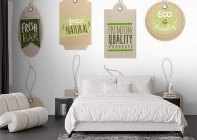 eco cardboard labels. paper craft shop product tag with sticker printing green design and rope, isol Wall mural