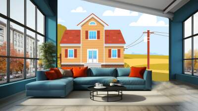 Electricity supply of private house. Cables and transformers, high voltage electricity grid pylons, distribution power energy and supply. Cartoon flat style isolated vector concept Wall mural